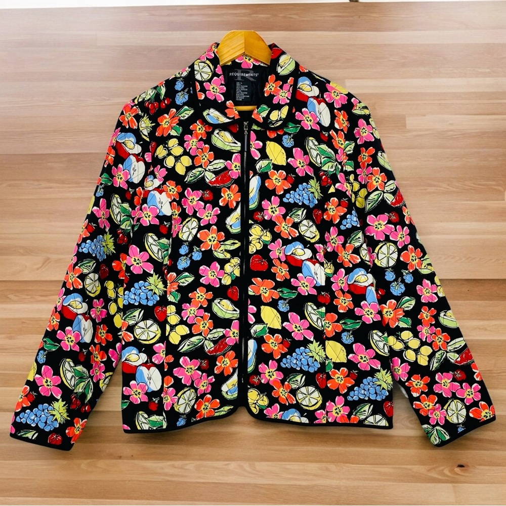 Y2K Funky Flower Fruit Printed Quilted Zip Up Boxy Grunge Picnic Festival Jacket - Picture 1 of 12